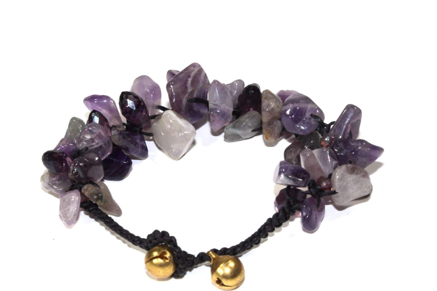 Stylish bracelet with purple amethyst and gold beads, featuring a jingle bell closure on a handwoven black cord