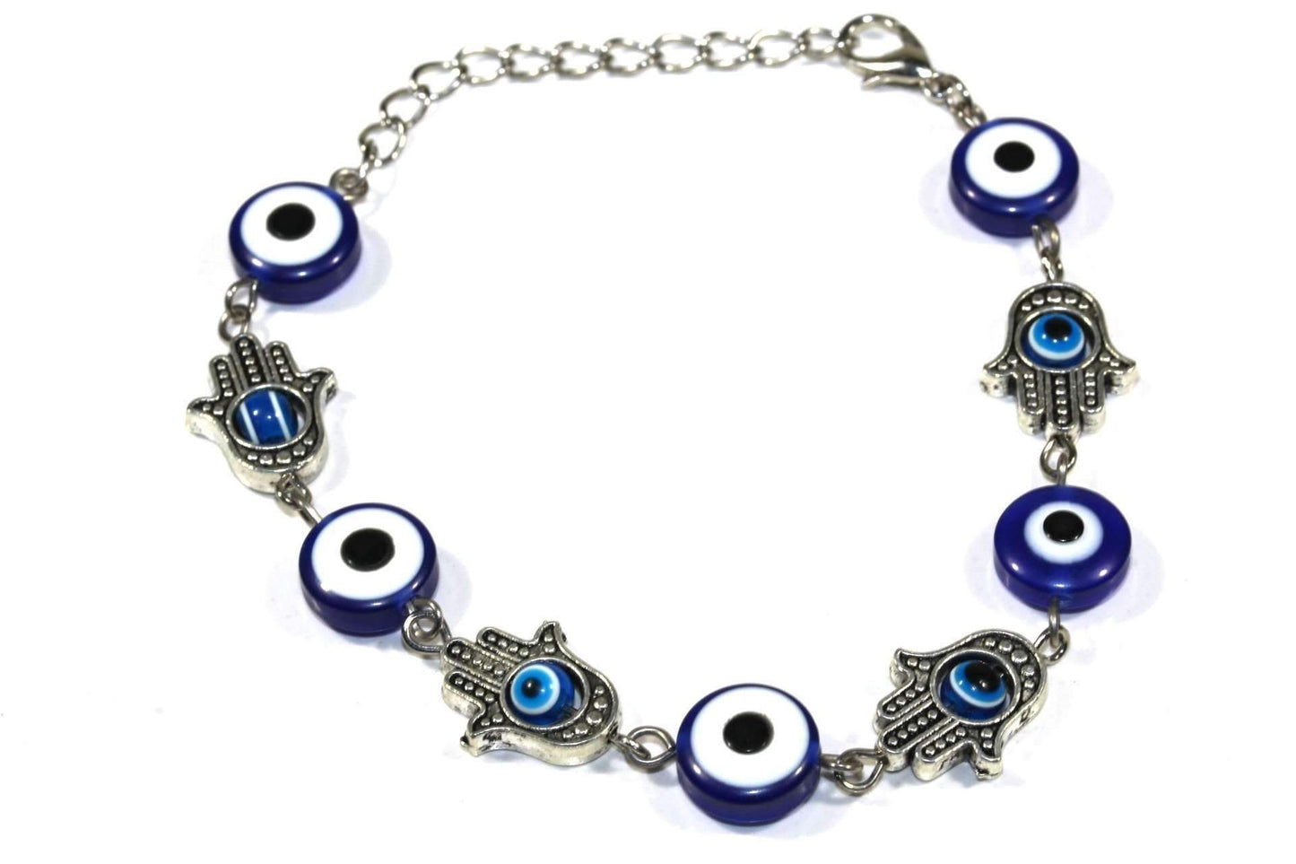Stylish blue and white bracelet adorned with silver-tone Hand of Fatima and Evil Eye charms, offering protection from negativity.