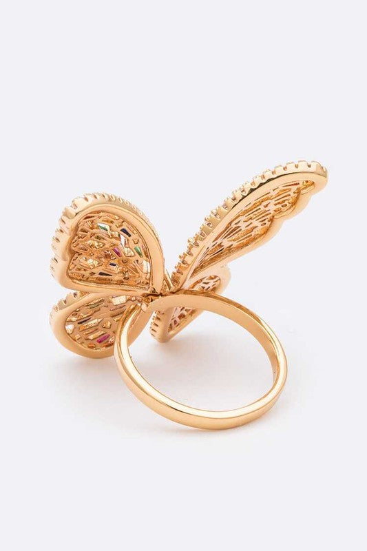 Gold butterfly ring featuring multicolored stones, adjustable, made of brass, with micro pave cubic zirconia, lead and nickel compliant