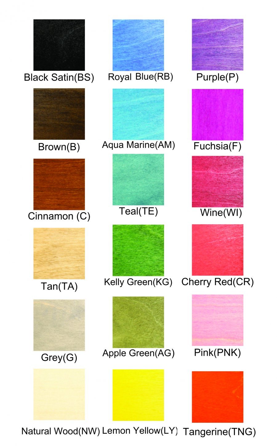 Color chart for wood stain featuring various shades, labeled for use in crafting and design projects.