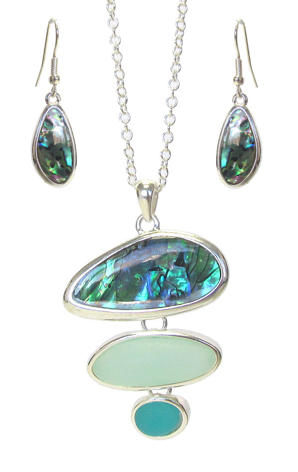 A necklace and earrings set featuring a green abalone shell, with an 18-inch length and a sea glass pendant