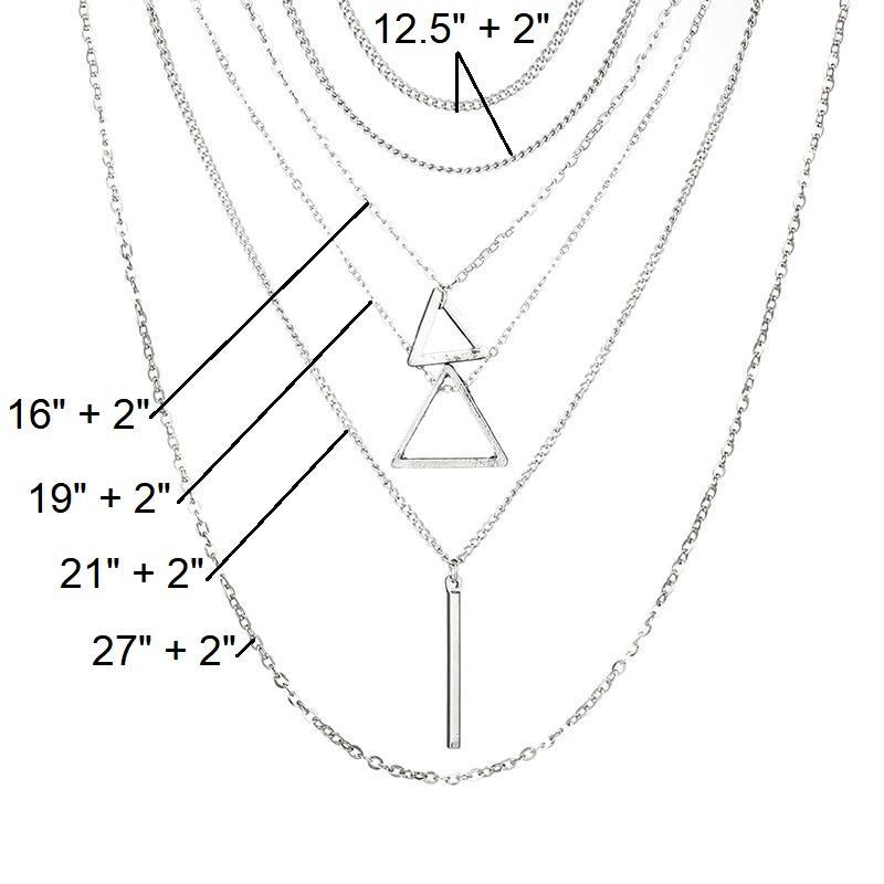 Display of necklace measurements: features 6 layers, including 2 triangles, 1 vertical bar, 2 chokers, and 1 long chain.