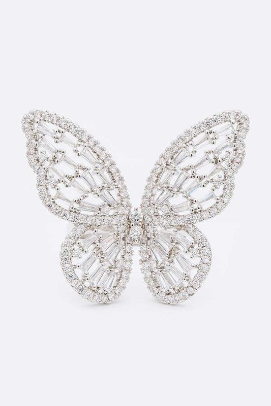 Elegant butterfly diamond brooch with micro pave cubic zirconia, adjustable ring, crafted from compliant brass material.