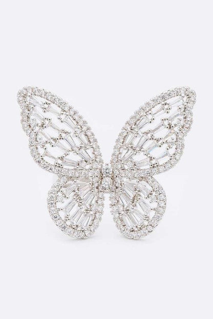 Elegant butterfly diamond brooch with micro pave cubic zirconia, adjustable ring, crafted from compliant brass material.