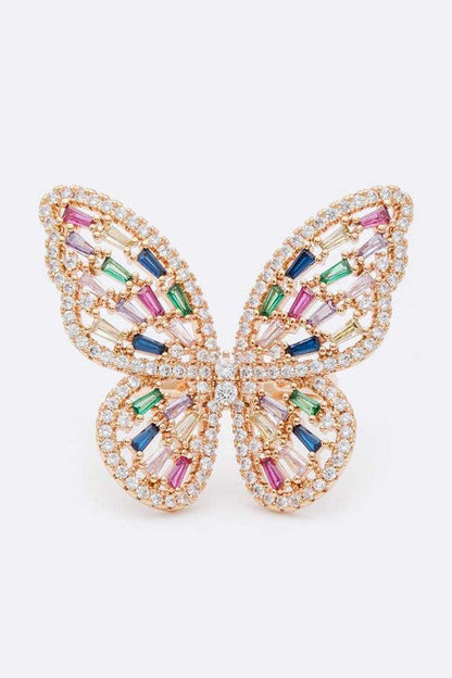 Multicolored butterfly  with cubic zirconia, featuring an adjustable ring and made from compliant brass materials.