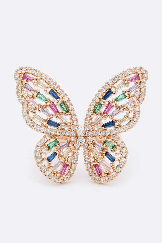 Multicolored butterfly  with cubic zirconia, featuring an adjustable ring and made from compliant brass materials.