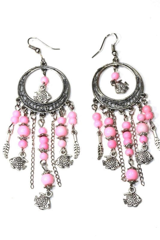 Pink and silver chandelier earrings with fish charms, featuring shiny beads, perfect for beachwear or summer outfits.