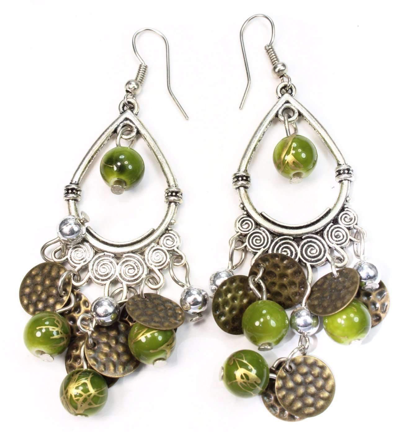 Elegant green and silver earrings with shimmering beads and vintage gold discs, perfect for a brunch date, 3 inches long.