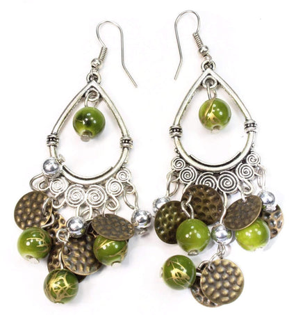 Elegant green and silver earrings with shimmering beads and vintage gold discs, perfect for a brunch date, 3 inches long.