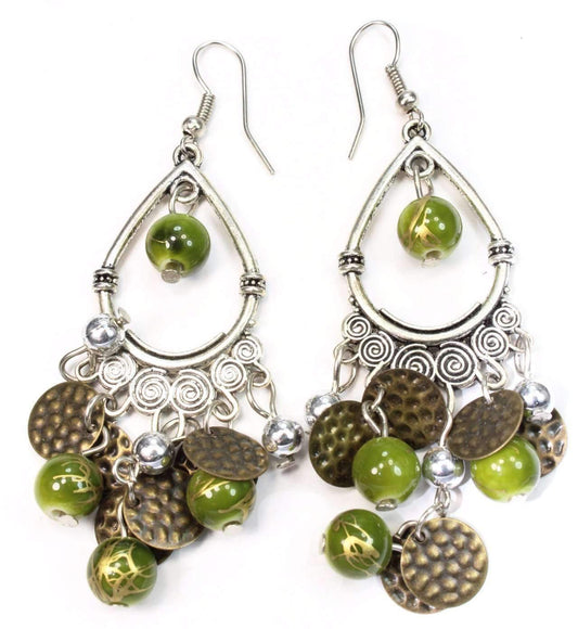 Elegant green and silver earrings with shimmering beads and vintage gold discs, perfect for a brunch date, 3 inches long.