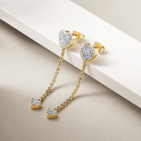 Elegant heart-shaped earrings featuring diamonds, made from durable, hypoallergenic stainless steel with gold PVD plating