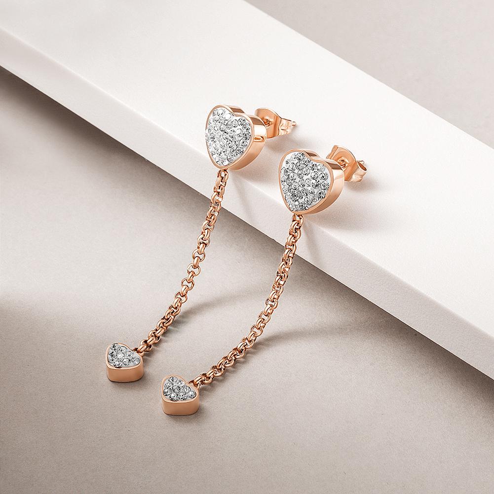 Elegant heart-shaped earrings featuring diamonds, made from durable, hypoallergenic 316L stainless steel with rose gold plating.
