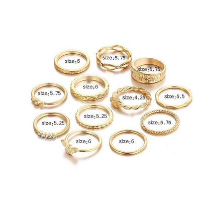 Gold plated ring set featuring 12 rings of varying sizes, made from zinc alloy metal and gemstones. Fixed sizes available.