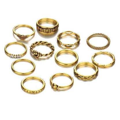  Collection of 12 gold plated rings with assorted sizes, made from zinc alloy and gemstones. Fixed sizes indicated in the picture.