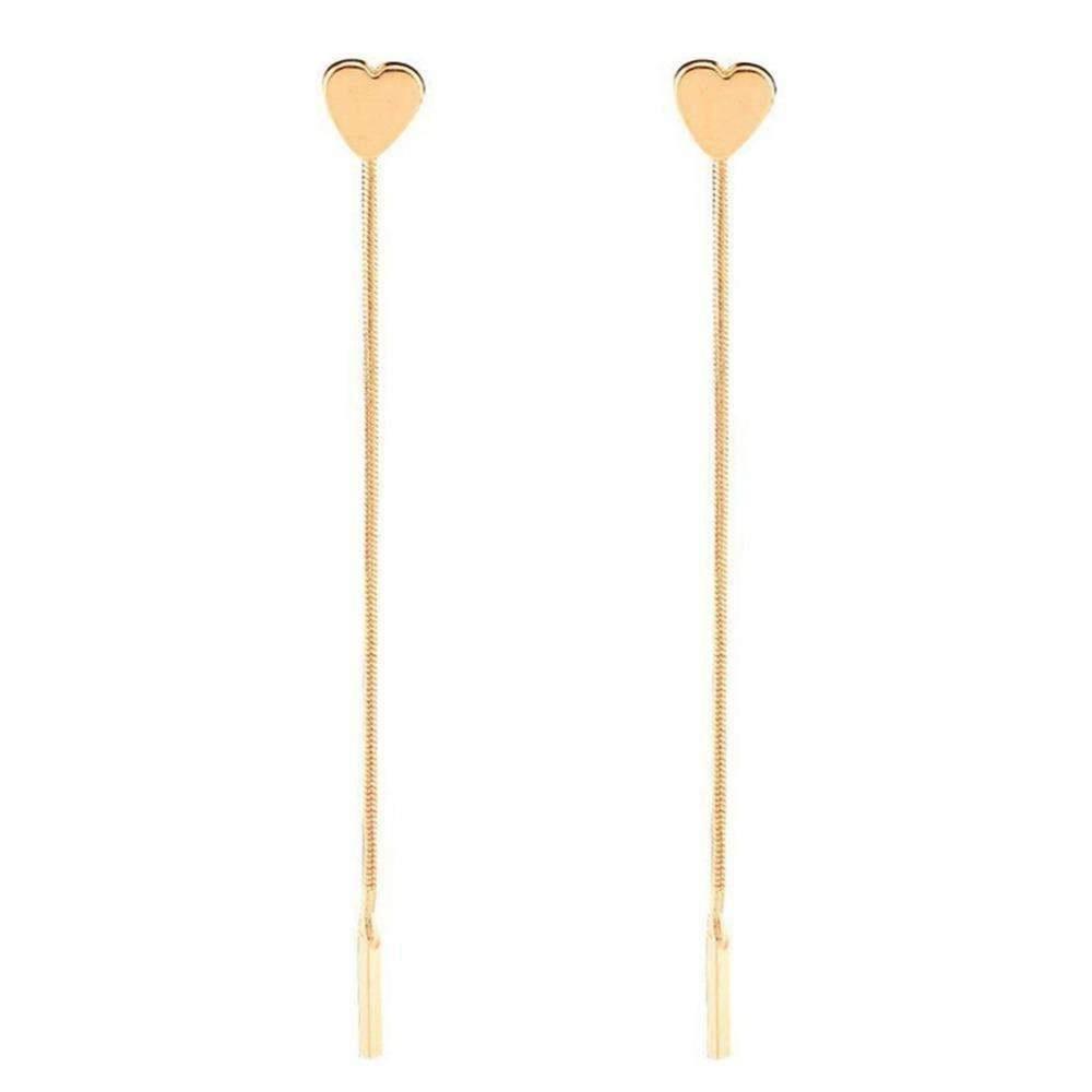 Two gold heart-shaped drop earrings with long, thin posts,
measuring 8 cm in length, made of alloy.