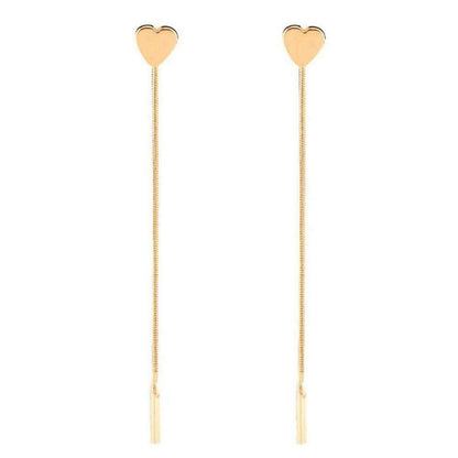 Two gold heart-shaped drop earrings with long, thin posts,
measuring 8 cm in length, made of alloy.