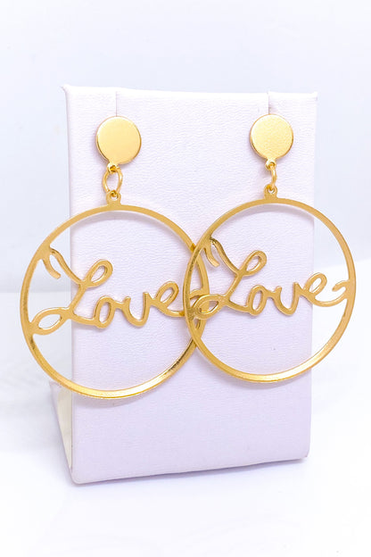 Elegant gold love hoop earrings in a geometric design, crafted from durable zinc alloy for lasting shine and style.