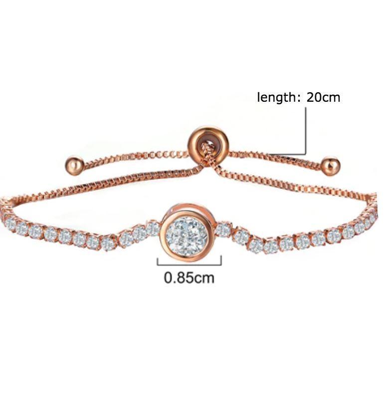 Elegant rose gold bracelet with a diamond in the center, adjustable length, made from zinc alloy, available in silver too. 