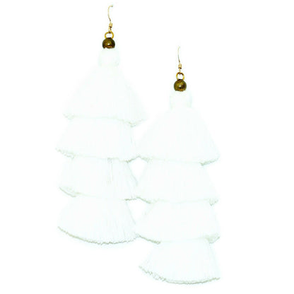 Vibrant yellow fringe earrings with gold-filled ear wires, measuring 4.5" in length, packaged in a pink jewelry box