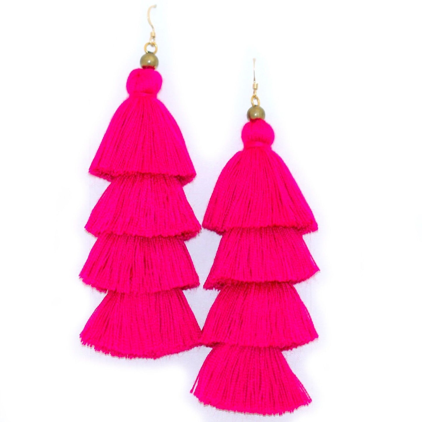 Hot pink tassel earrings with gold-filled ear wires, 4.5" long and 1.5" wide, presented in a KP pink jewelry box.