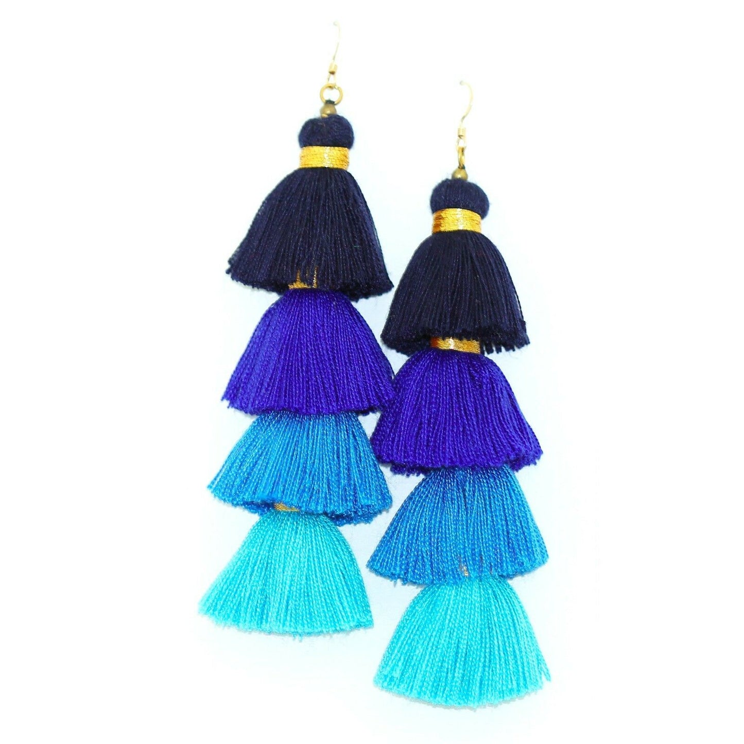 Vibrant blue, purple, and turquoise tassel earrings with gold-filled ear wires, measuring 4.5" long and 1.5" wide.