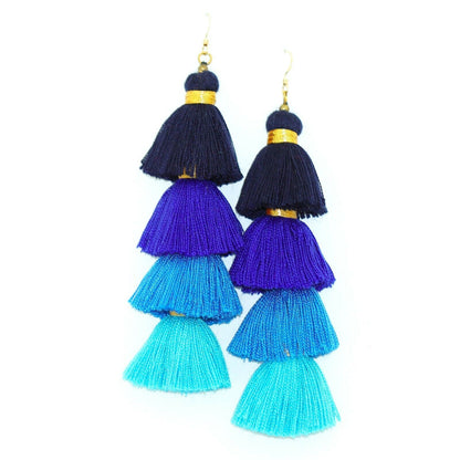 Vibrant blue, purple, and turquoise tassel earrings with gold-filled ear wires, measuring 4.5" long and 1.5" wide.