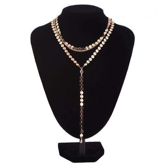  Stylish three-layer necklace with a gold chain and two beautiful rhinestone pendants, adjustable length of