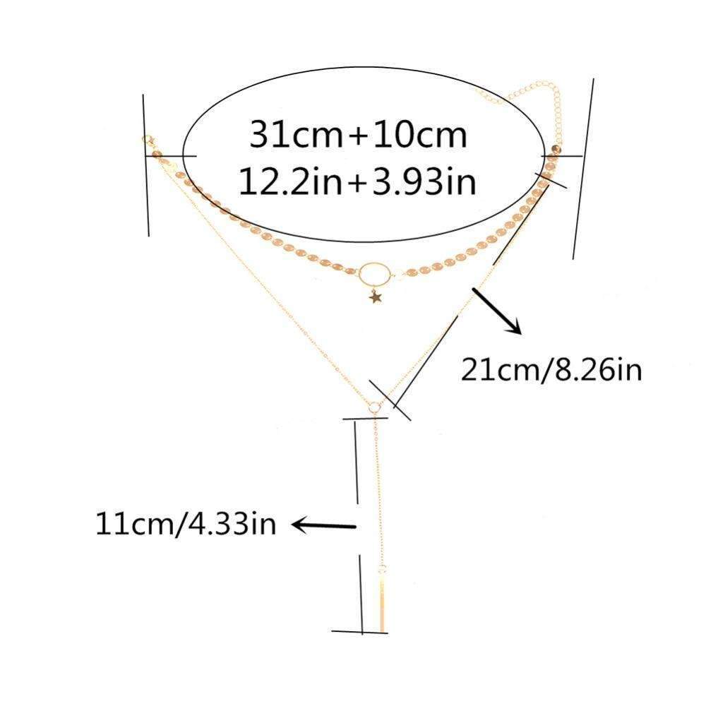  Measurements for a two-layer necklace: choker with star and circle, long lariat, adjustable length, high-quality zinc alloy