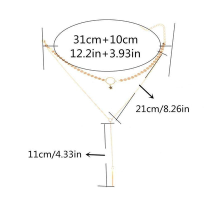  Measurements for a two-layer necklace: choker with star and circle, long lariat, adjustable length, high-quality zinc alloy