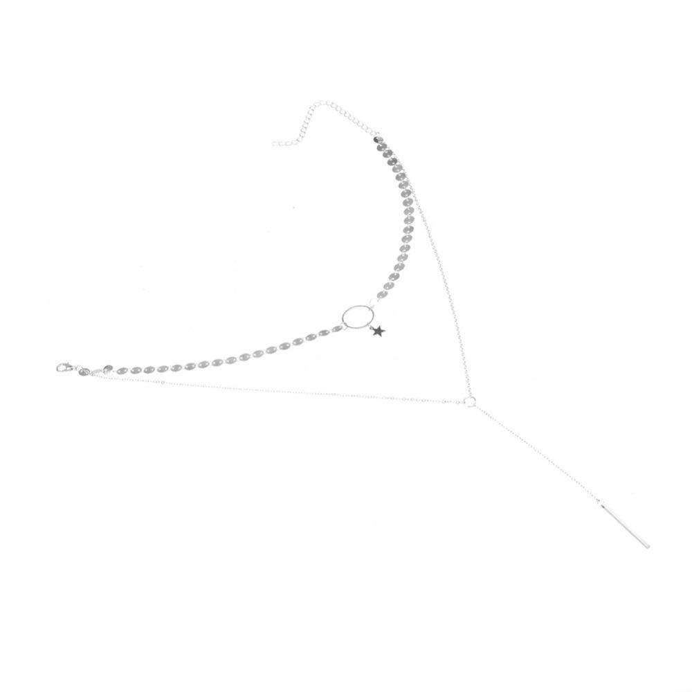 Two-layer silver necklace featuring a star and circle choker with a long lariat layer, made of high-quality zinc alloy