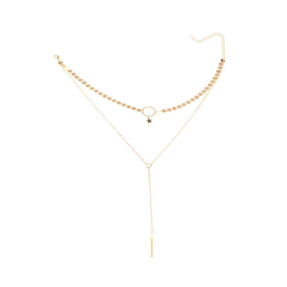 Elegant gold necklace with a star and circle choker and a long lariat layer, adjustable, made of high-quality zinc alloy