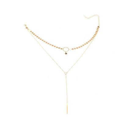 Elegant gold necklace with a star and circle choker and a long lariat layer, adjustable, made of high-quality zinc alloy
