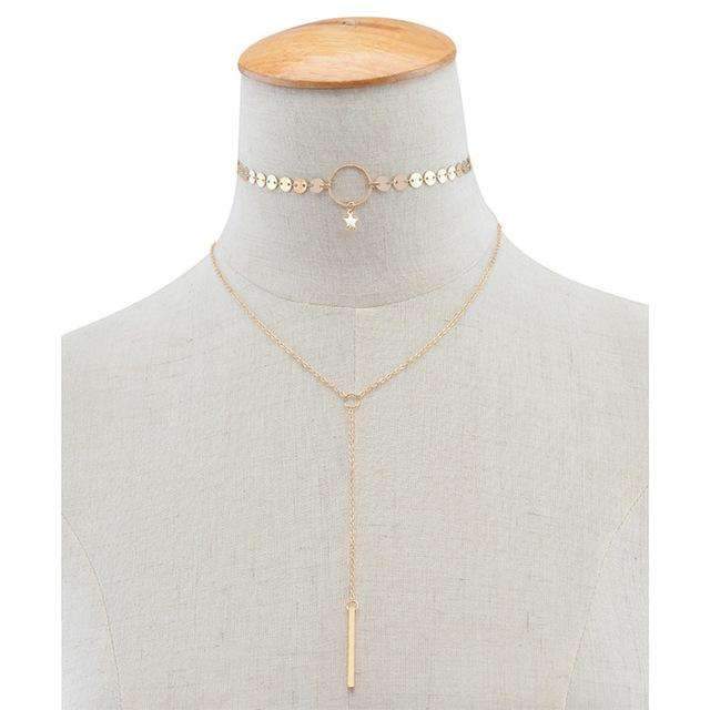 Elegant gold necklace with a star and circle choker and a long lariat layer, adjustable length, crafted from zinc alloy