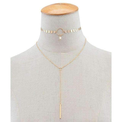 Elegant gold necklace with a star and circle choker and a long lariat layer, adjustable length, crafted from zinc alloy