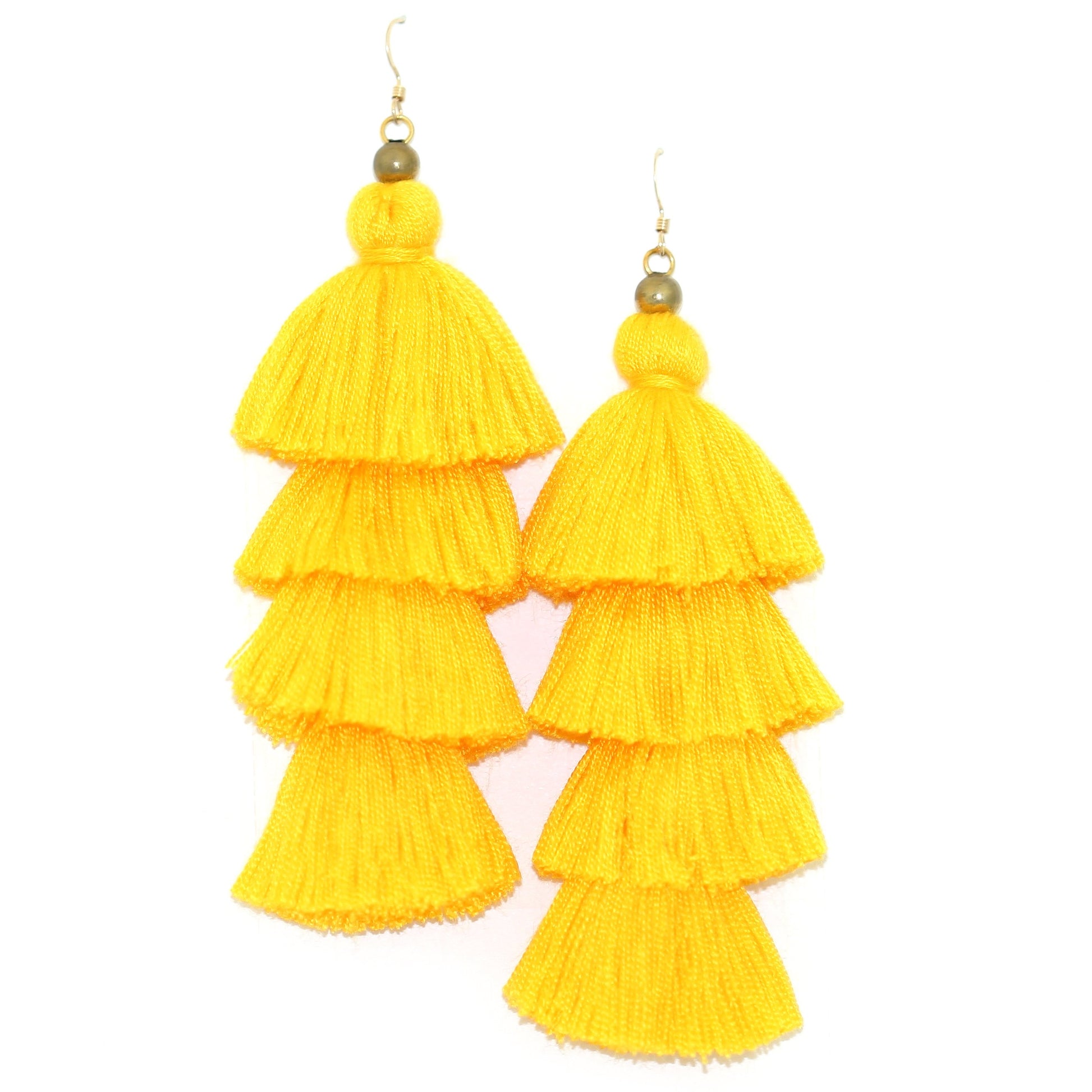 Vibrant yellow fringe earrings with gold-filled ear wires, measuring 4.5" in length, packaged in a pink jewelry box